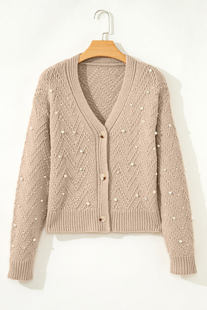 Smoke Gray Pearl Embellished Button Front V Neck Sweater Cardigan
