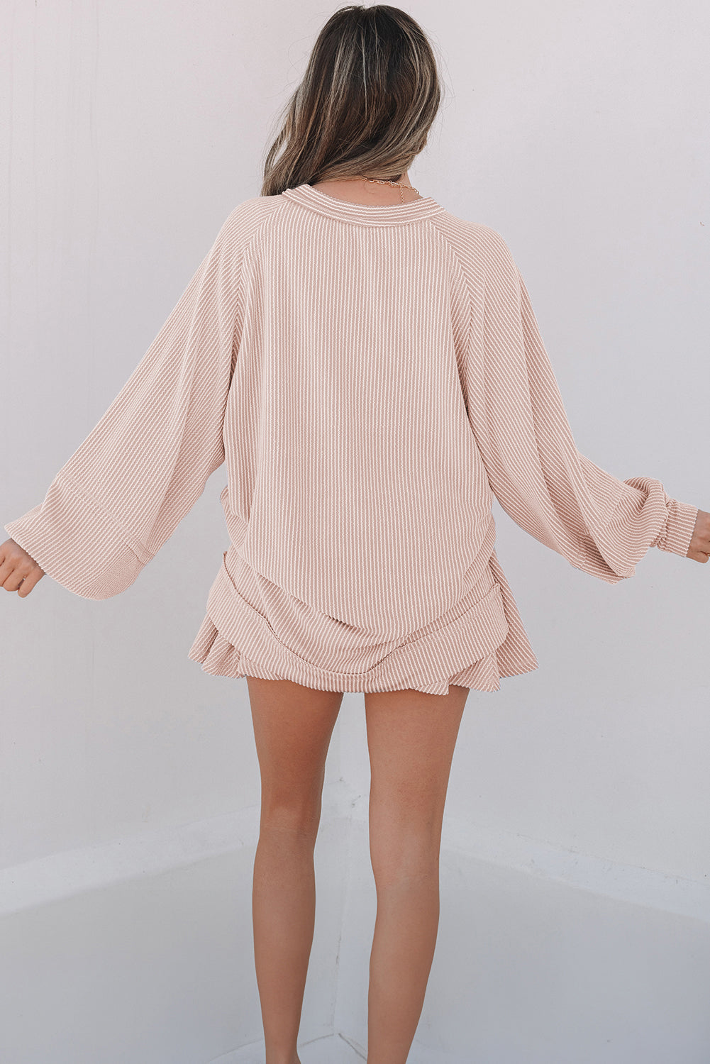 Dark Grey Corded Lantern Sleeve Top High Waist Ruffled Mini Skirt Set