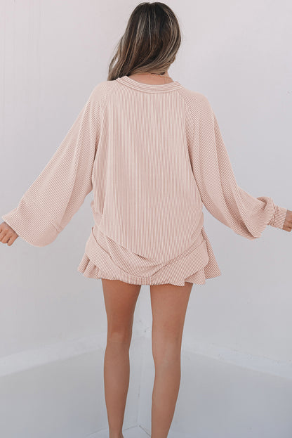 Dark Grey Corded Lantern Sleeve Top High Waist Ruffled Mini Skirt Set