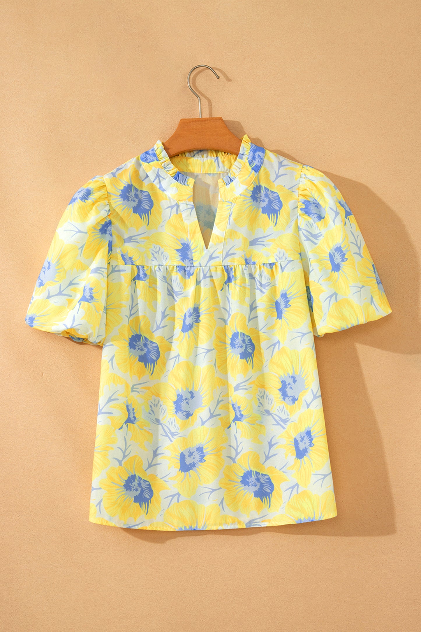 Pink Short Bubble Sleeve Summer Floral Blouse