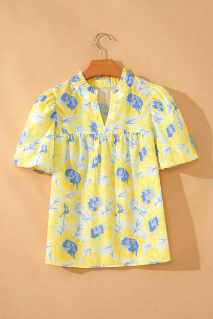 Pink Short Bubble Sleeve Summer Floral Blouse