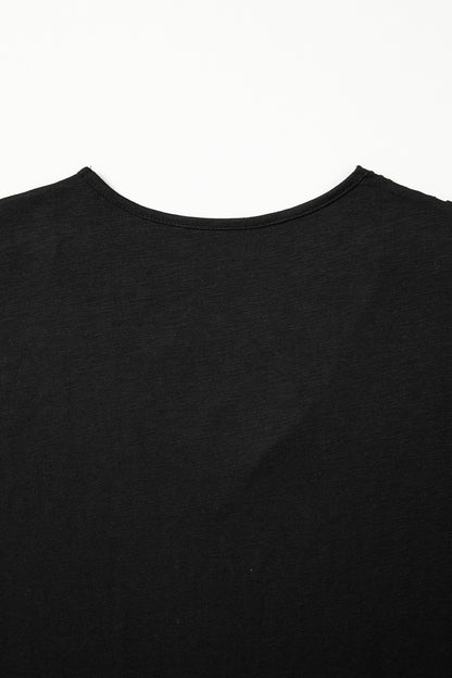 Black Cutout Embroidered Trim V Neck Cap Sleeve Tee