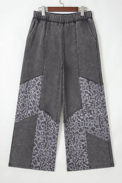 Coffee Mineral Wash Leopard Patchwork Loose Pants