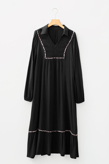 Four Leaf Clover Collared V Neck Smocked Detail Contrast Leopard Trim Bracelet Sleeve Long Dress