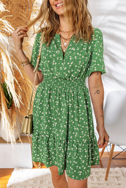Black Floral Print Wrap V Neck Short Sleeve High Waistband Mini Dress