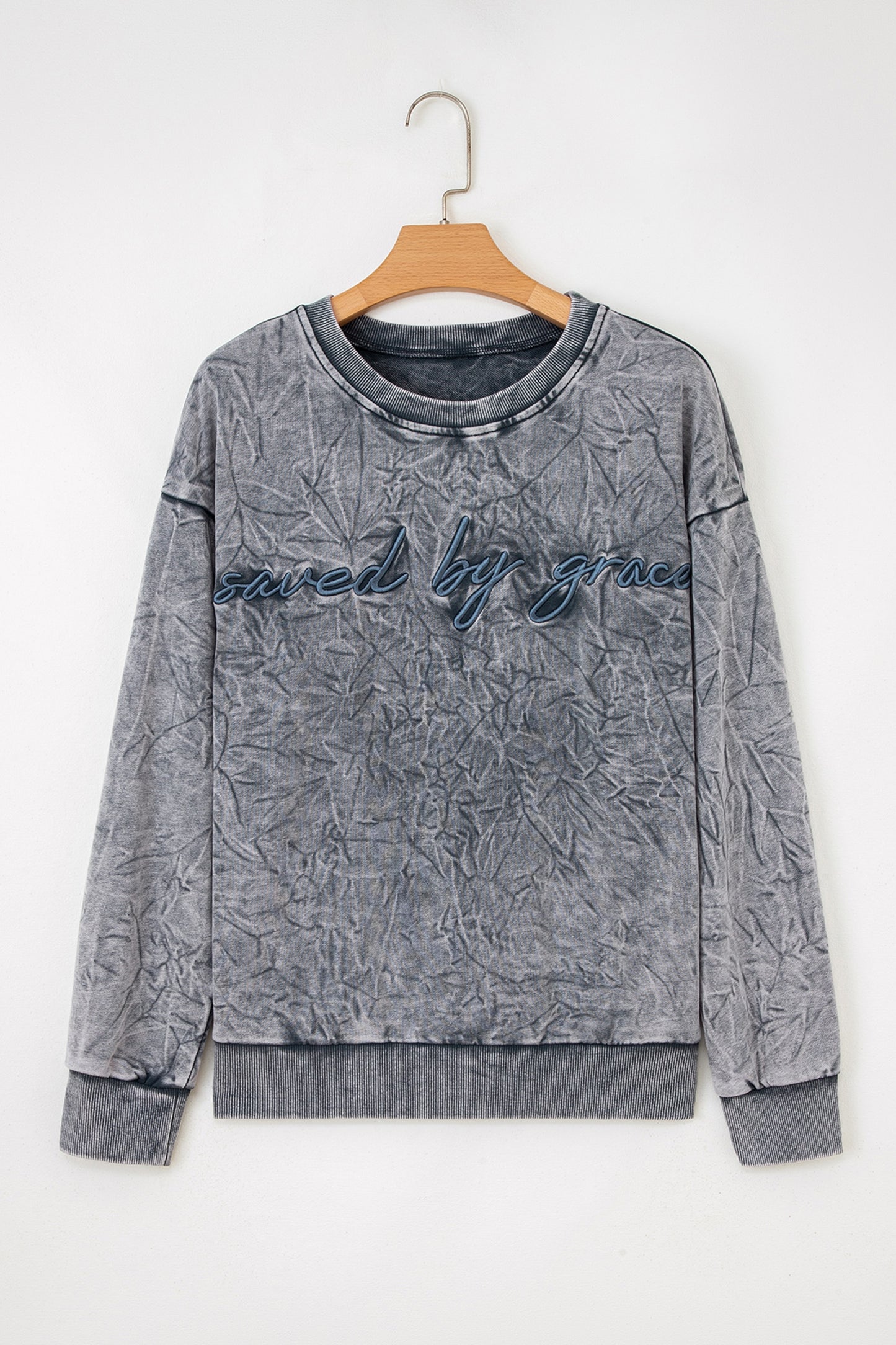 Mineral Red saved by grace Letter Embroidery Mineral Wash Loose Sweatshirt