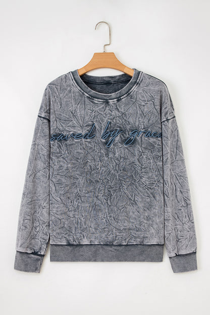 Mineral Red saved by grace Letter Embroidery Mineral Wash Loose Sweatshirt