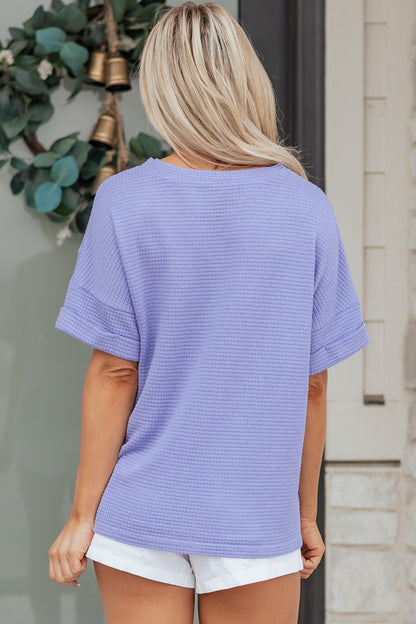 Clearly Aqua Waffle V Neck Short Sleeve Knit Top