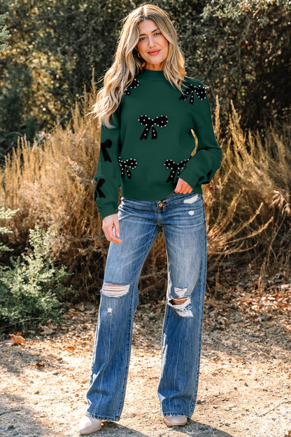 Racing Red Pearl Embellished Bow Pattern Loose Sweater