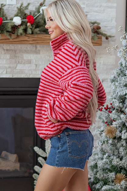 Pink Stripe Quarter Zip Fleece Oversize Sweatshirt