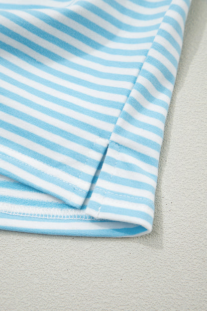 Sky Blue Stripe Oversize Mock Neck Sweatshirt and Shorts Set