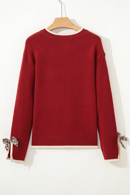 Racing Red Leopard Bow Decor Split Cuff Contrast Trim Sweater