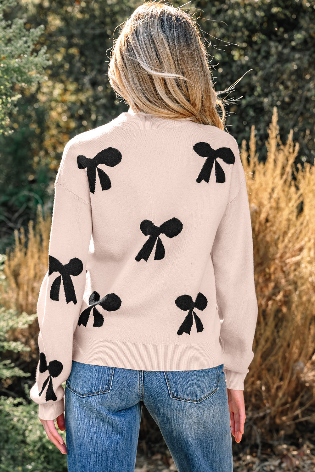 Racing Red Pearl Embellished Bow Pattern Loose Sweater