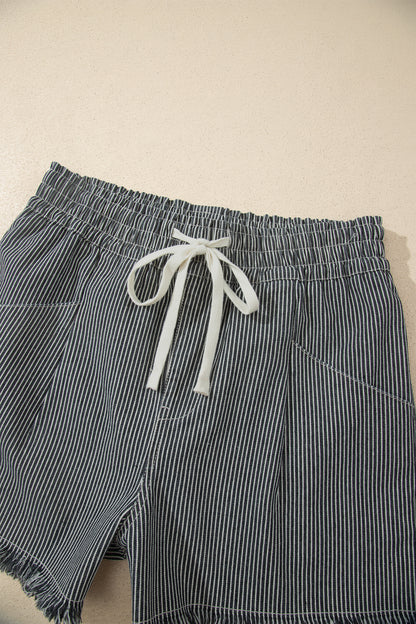Black Stripe Raw Edge Drawstring Elastic Waist Casual Denim Shorts