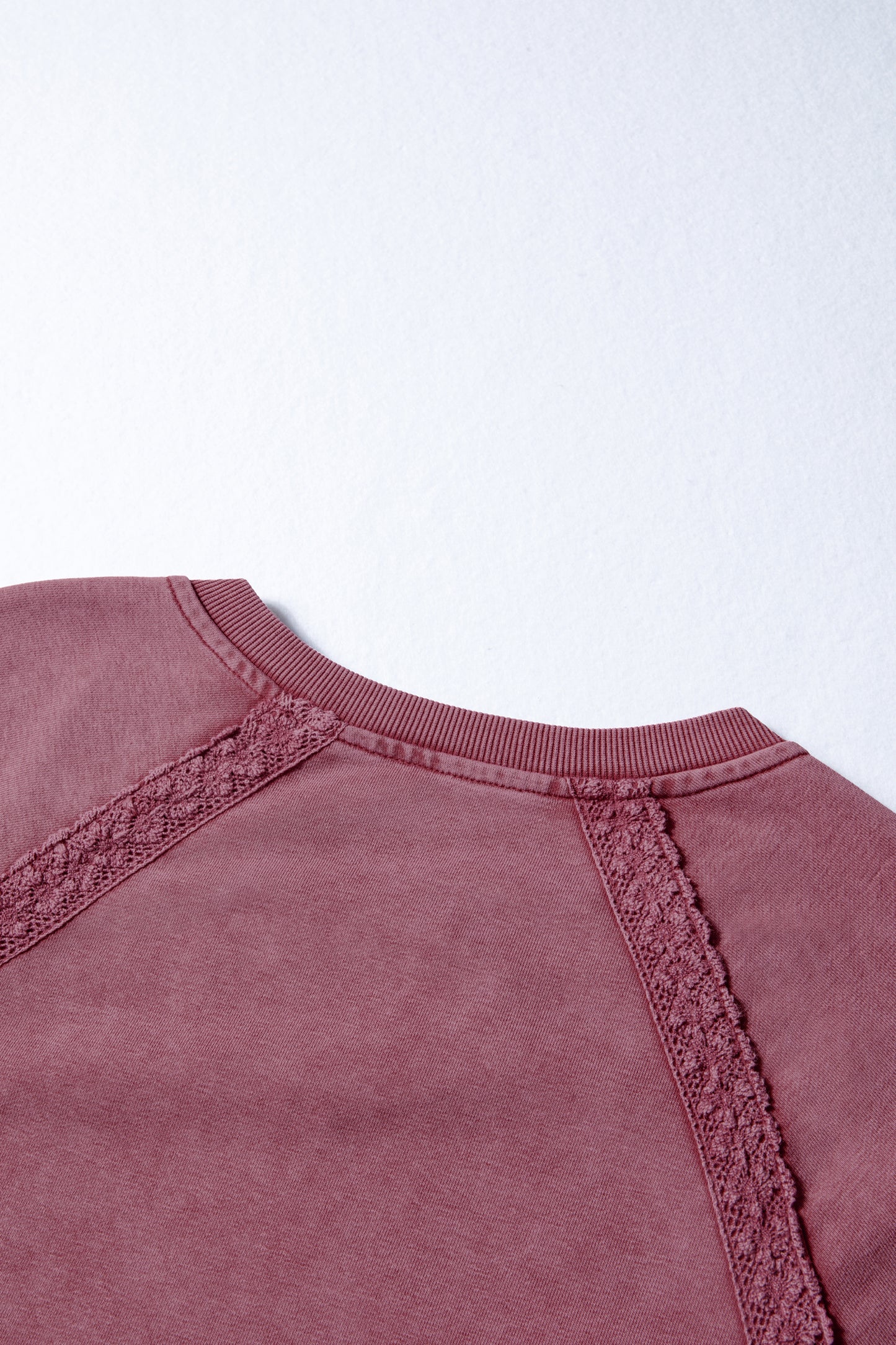 Red Dahlia Lace Patchwork Detail Notched Neck Mineral Wash Baggy Sweatshirt