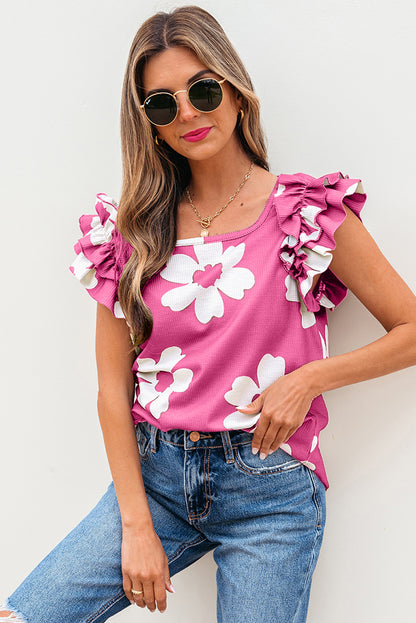 Brown Floral Textured Ruffled Short Sleeve Square Neck Blouse