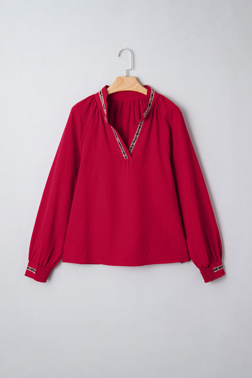Racing Red Leopard Jacquard Print V Neck Textured Blouse