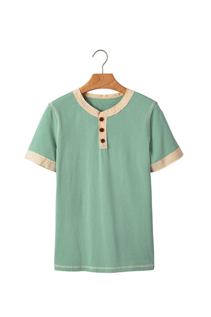 Light Grey Raw Seam Color Block Detail Buttoned Henley Tee