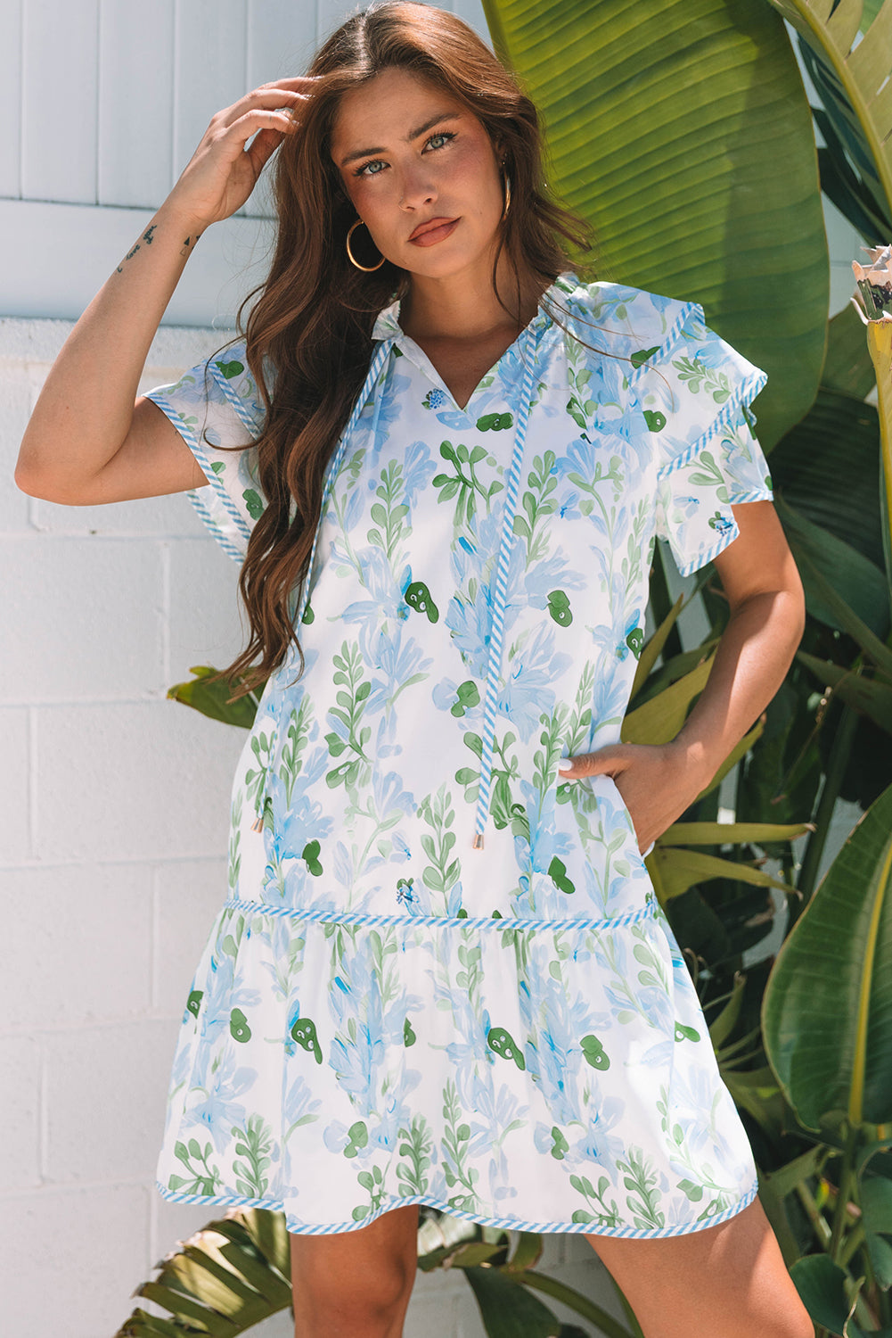 Orange Floral Contrast Edge Layered Short Sleeve Mini Dress