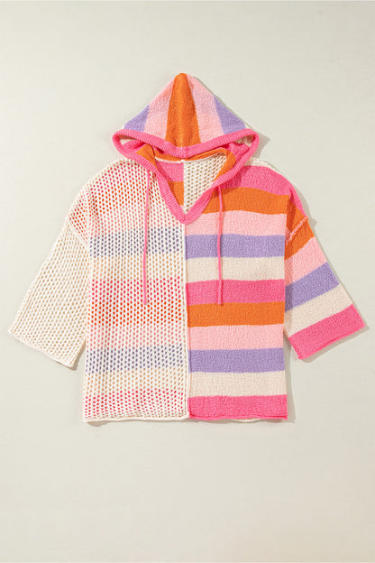 DEAR-LOVER Beige Oversized Colorblock V Neck Hooded Sweater
