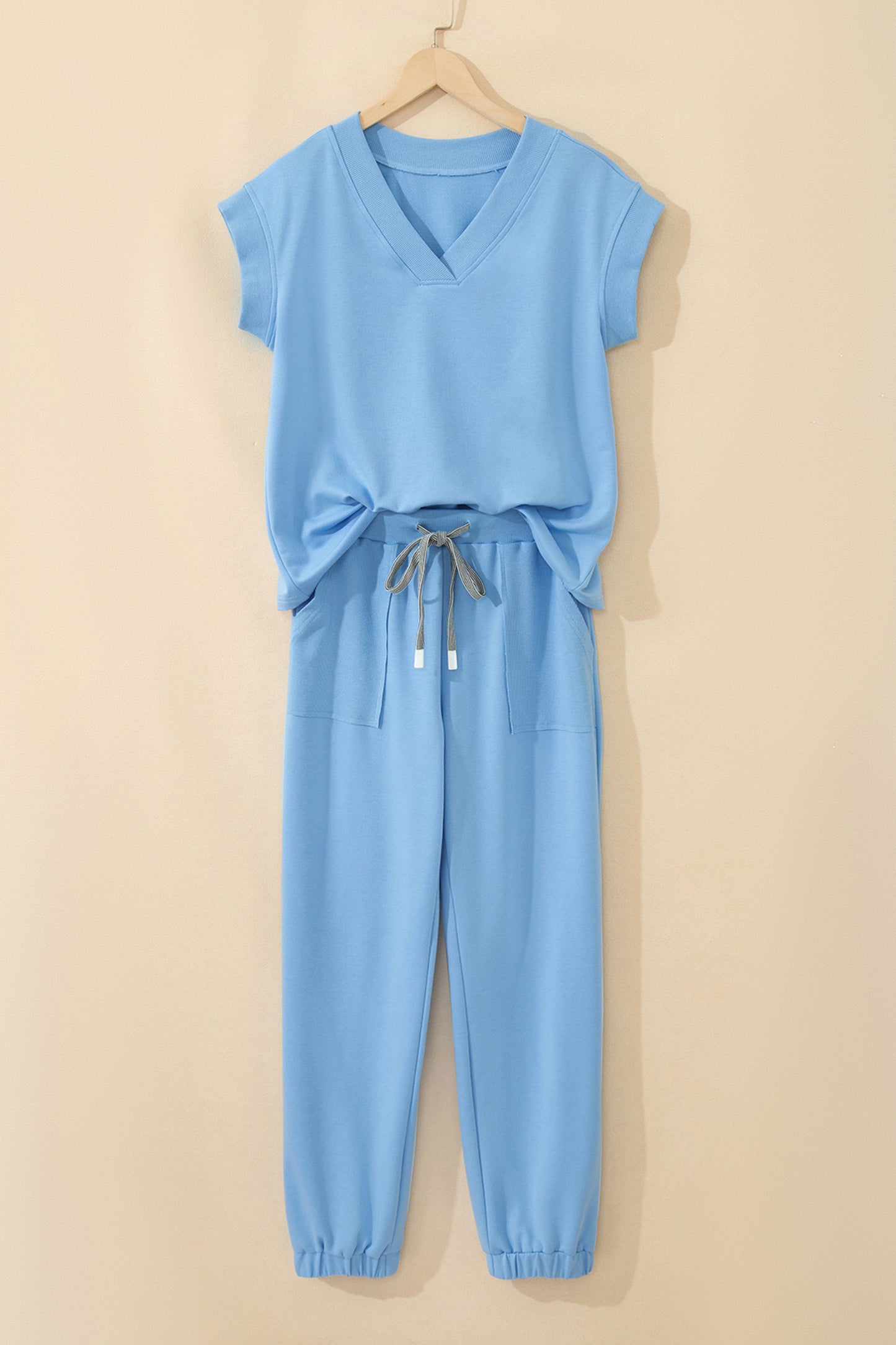 Apricot Pink Solid Color V Neck Tee Drawstring Pant Set