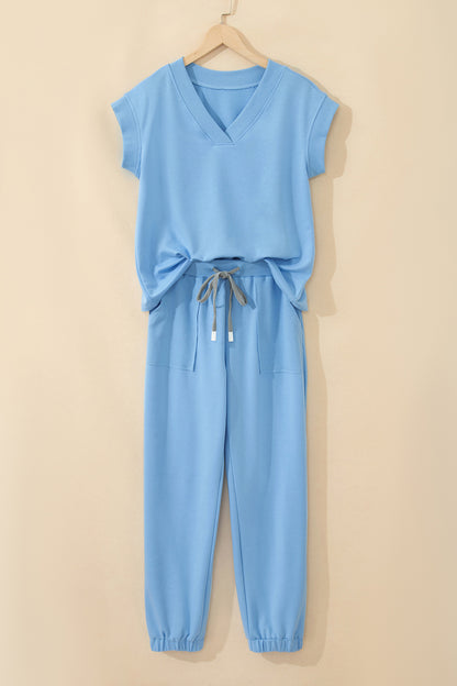 Apricot Pink Solid Color V Neck Tee Drawstring Pant Set