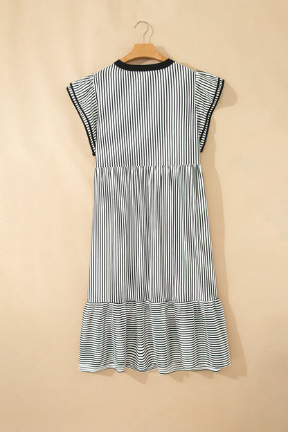 Brown Stripe Plus Size Slit V Neck Tiered Flutter Sleeve Maxi Dress