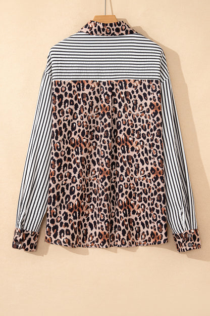 Black Striped Leopard Print Patchwork Button Up Womens Shirt
