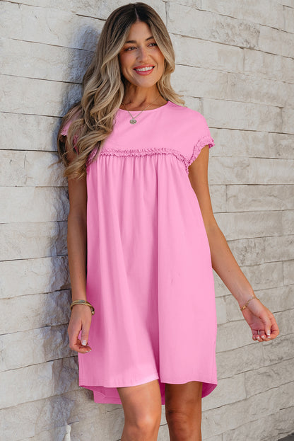 Oatmeal Frilled Trim Crew Neck Loose Fit Mini Dress