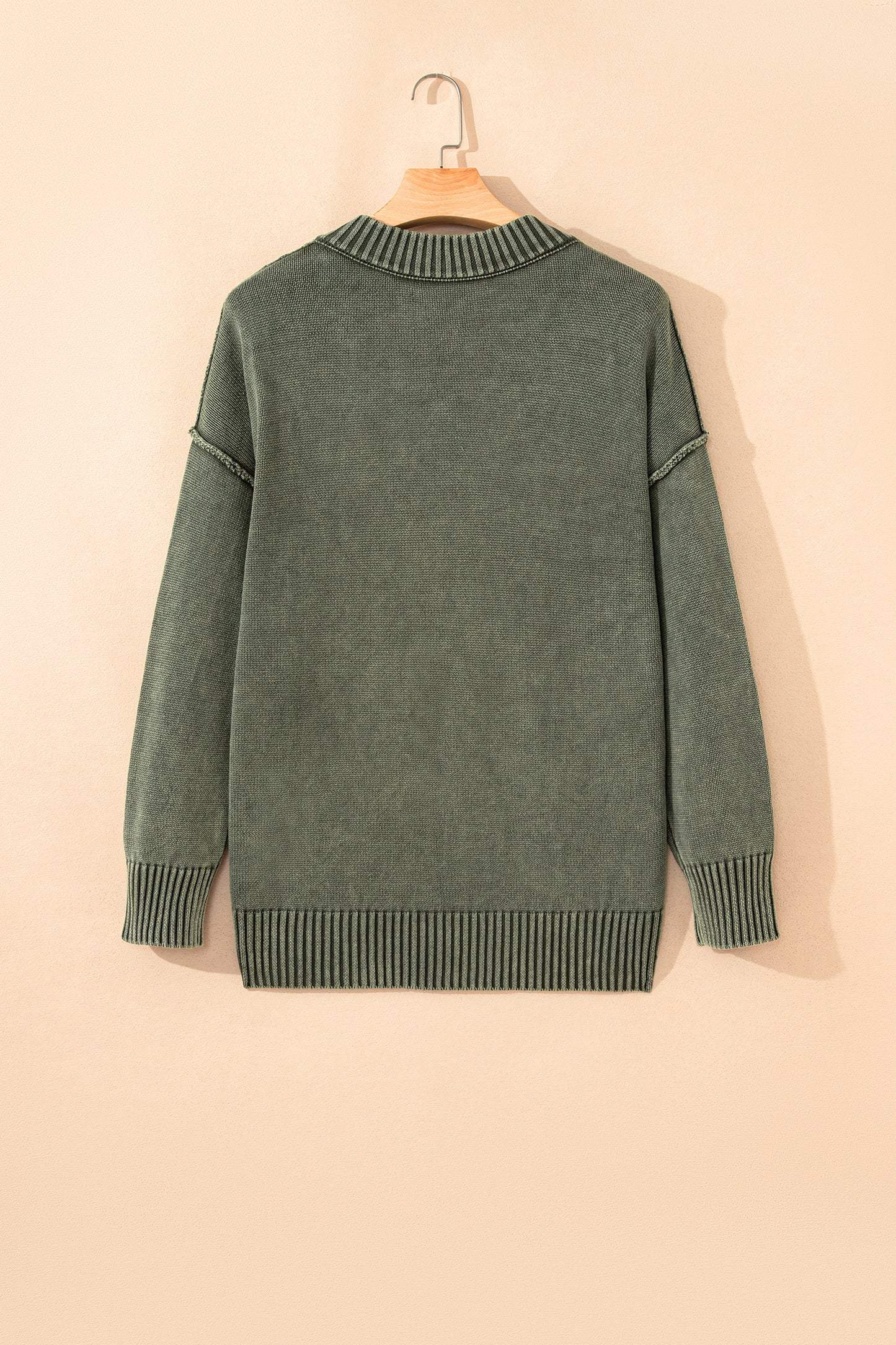 Black Mineral Wash V Neck Knit Exposed Seam Drop Shoulder Loose Sweater