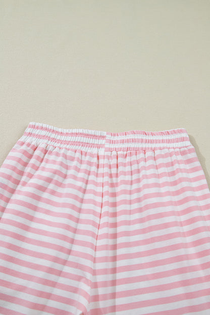 Rose Stripe Drop Shoulder Round Neck Top and Buttoned Straight Pants Two Piece Set