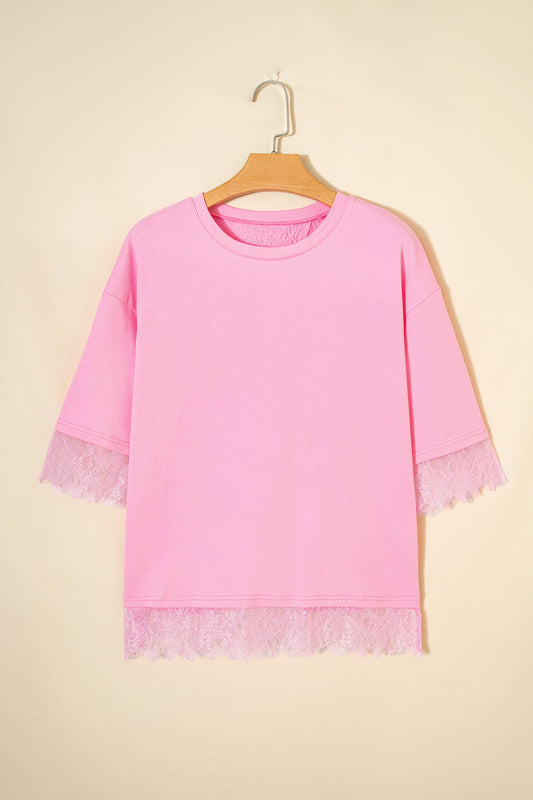 Pink Eyelash Floral Lace Patchwork Half Sleeve Oversize Tee