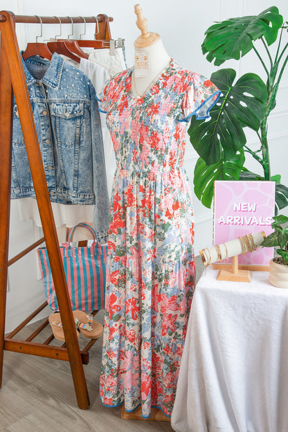 Apricot Floral Print V Neck Contrast Trim Flutter Sleeve Long Dress