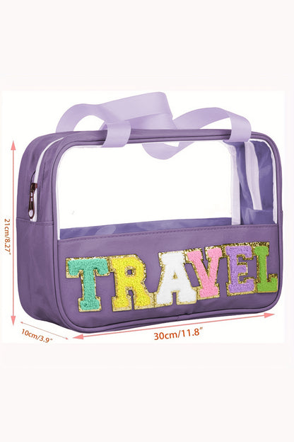 Light Pink TRAVEL Chenille Letter Clear PVC Makeup Bag