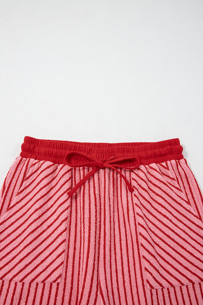 Sky Blue Stripe Crew Neck Tee Drawstring Waist Cropped Pants Set