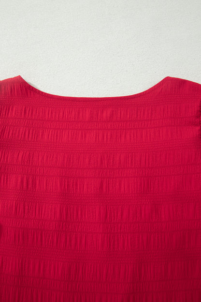 Fiery Red Textured Square Neck Top and Shirred High Waist Shorts Set