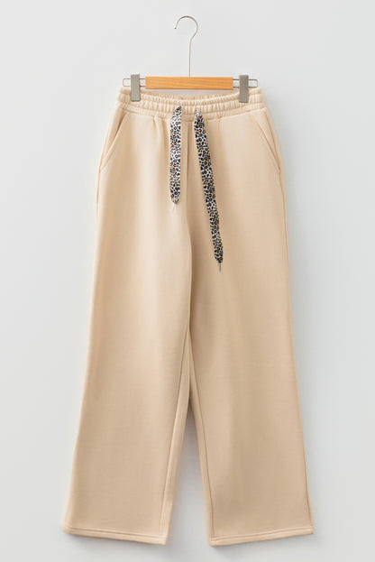 Oatmeal Fleece Lined Leopard Drawstring Elastic Waist Solid Pants