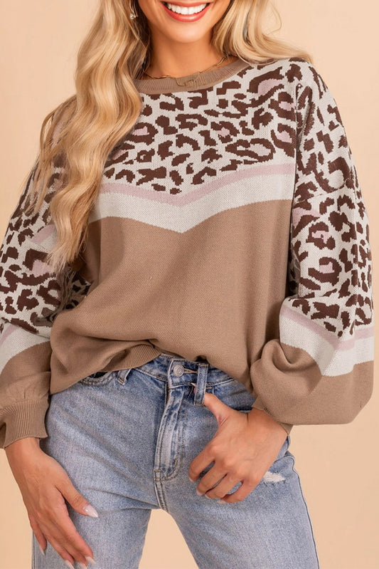 Straw Yellow Leopard Color Block Knit Round Neck Baggy Sweater