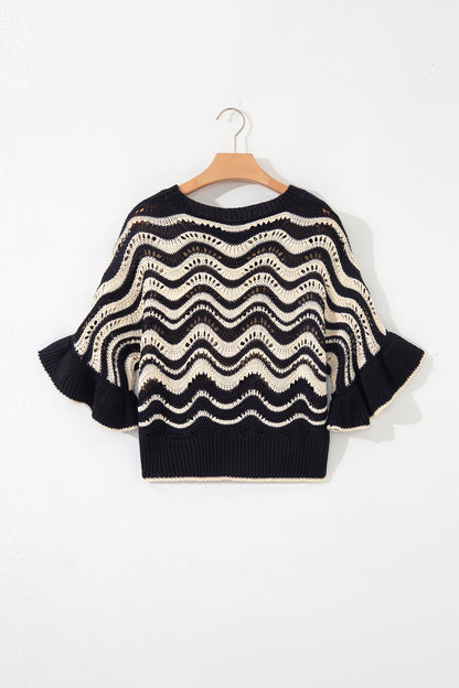 Beige Stripe Wavy Crochet Eyelet Detail Ruffle Half Sleeve Sweater