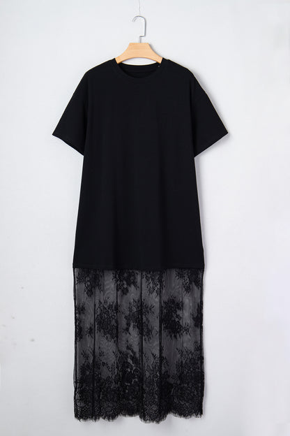 Red Sandalwood Floral Patchwork Short Sleeve T Shirt Loose Maxi Dress