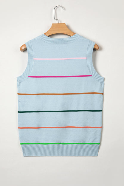 Sky Blue Stripe Round Neck Knitted Sweater Tank