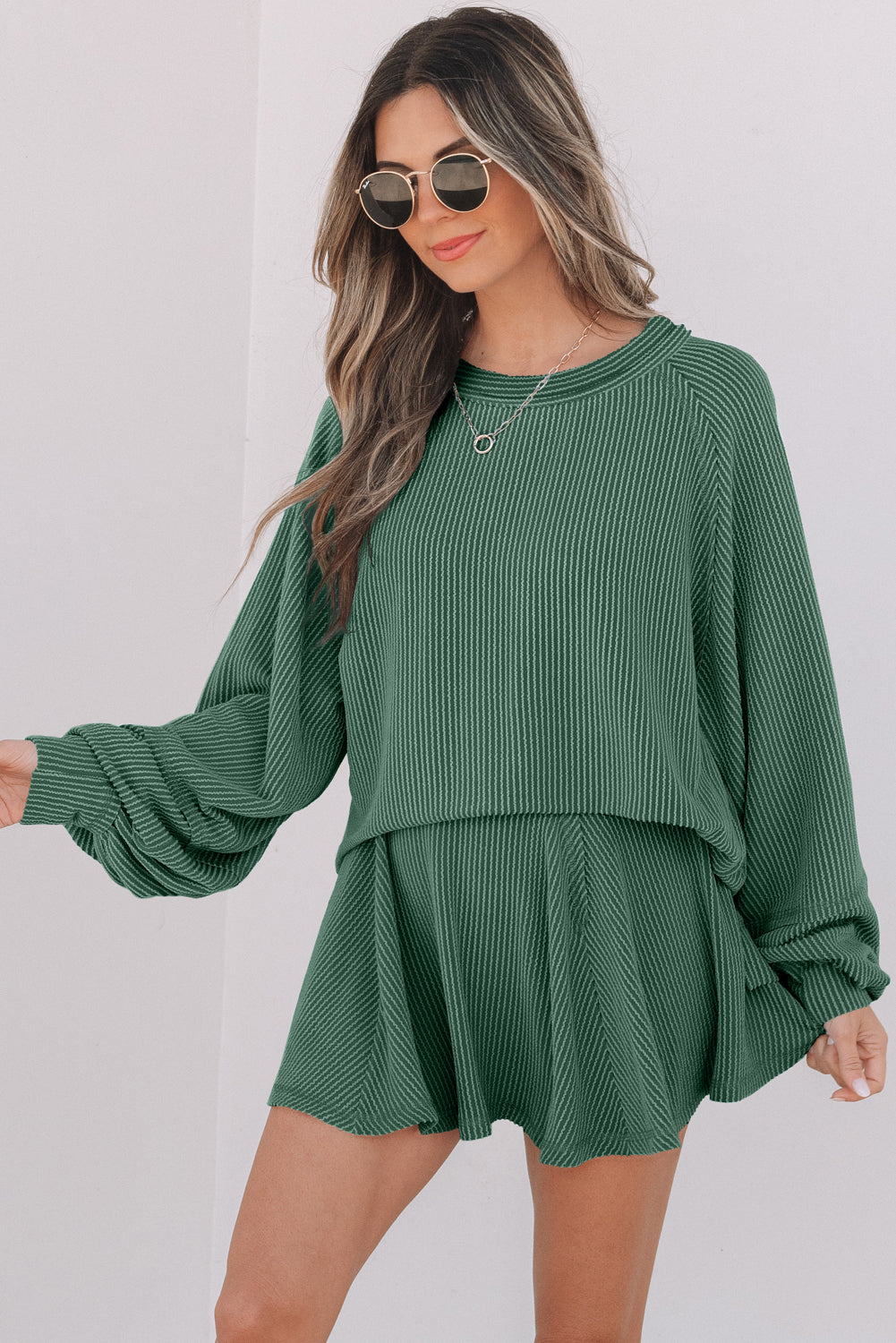 Dark Grey Corded Lantern Sleeve Top High Waist Ruffled Mini Skirt Set