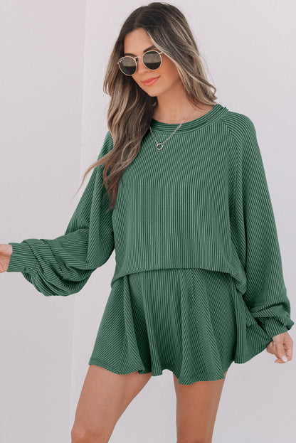 Dark Grey Corded Lantern Sleeve Top High Waist Ruffled Mini Skirt Set