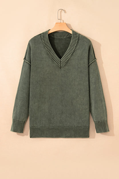 Black Mineral Wash V Neck Knit Exposed Seam Drop Shoulder Loose Sweater