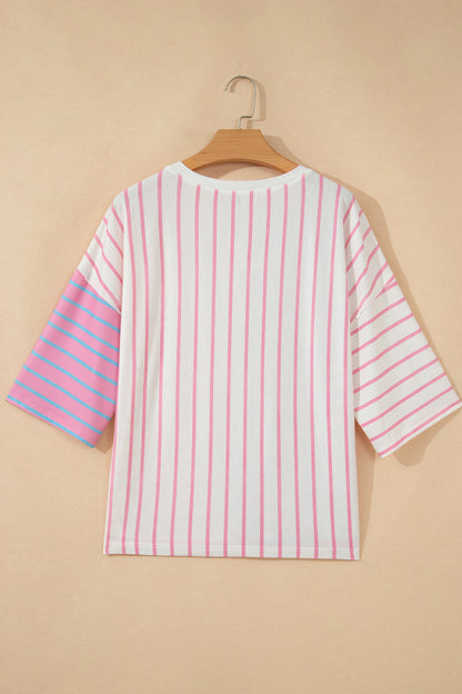 Green Stripe Colorblock 3/4 Sleeve Loose T Shirt