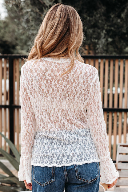 White Sheer Lace Bell Sleeve Mock Neck Blouse