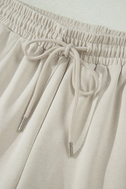 Smoke Gray Solid Color Puffy Loose Top Drawstring Shorts 2pcs Outfit