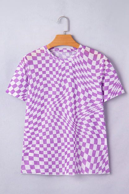 Khaki Checkered Print Mock Neck Mesh T Shirt