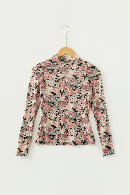 Black Retro Floral Print Mock Neck Mesh Long Sleeve Top