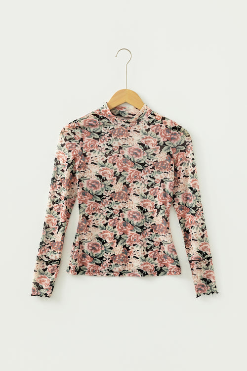 Black Retro Floral Print Mock Neck Mesh Long Sleeve Top